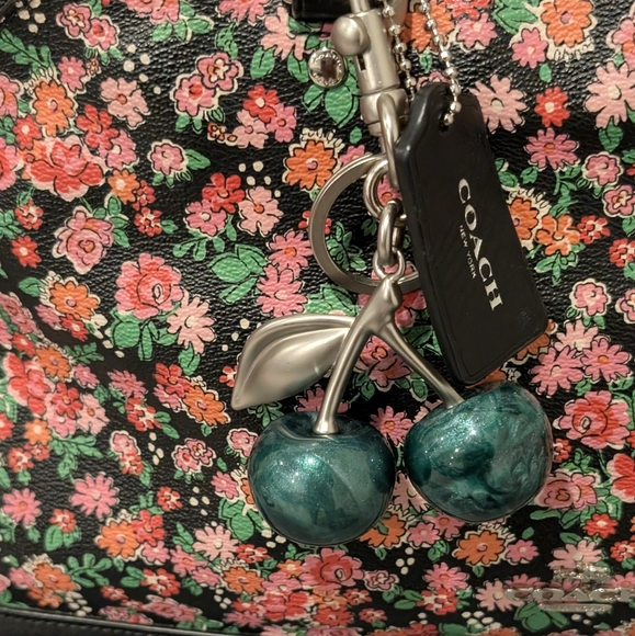 Coach Pink and Black Floral Leather & Canvas Satchel & Bonus Cherry Charm - Picture 8 of 16